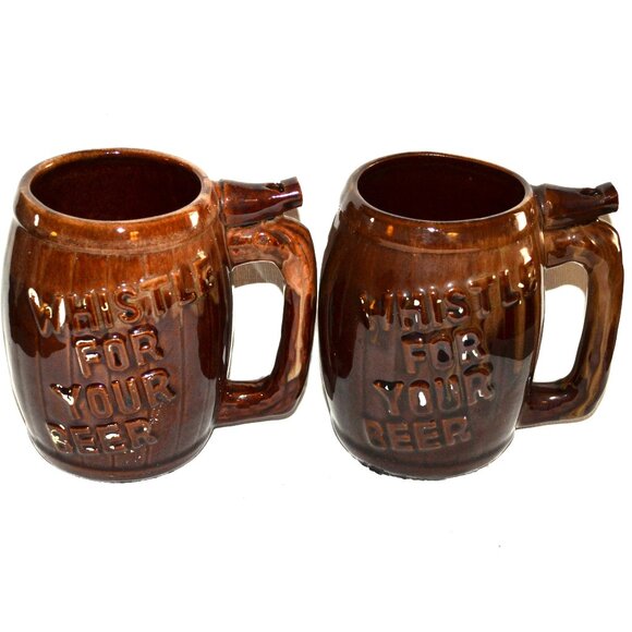 Pair Of Vintage Mugs Wet Your Whistle Whistle For Your Beer Ceramic Brown